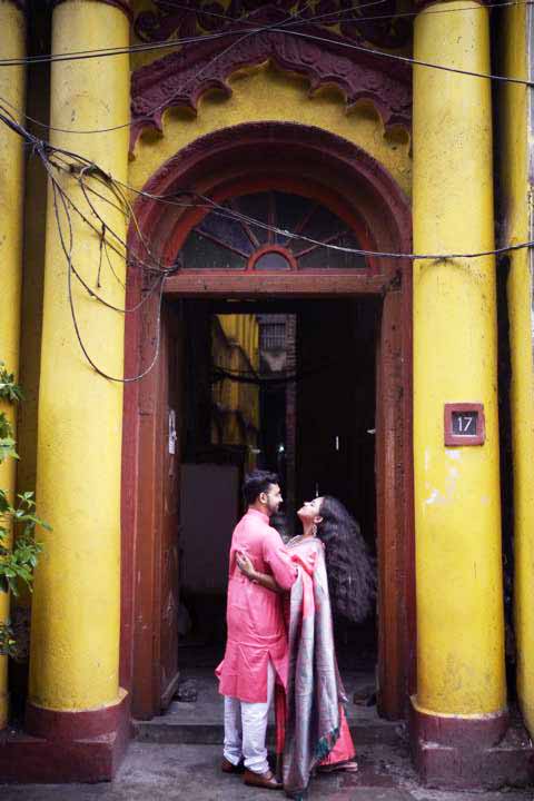 Traditional pre-wedding couple photography in ethnic attire