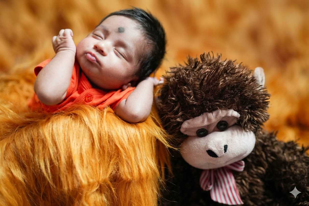 Newborn Photography Kolkata 15 Sleeping newborn baby on a white fur rug with a simple floral crown