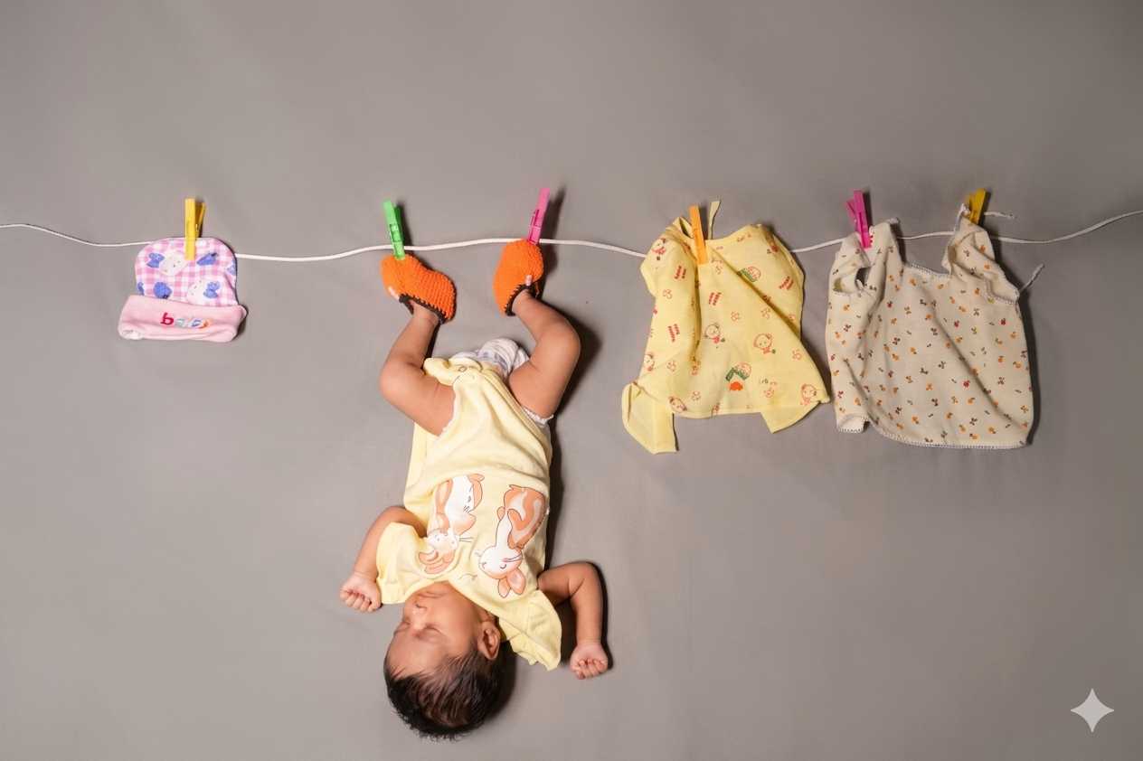 Newborn Photography Kolkata 16 Newborn baby portrait with a traditional kala teeka on a soft brown background